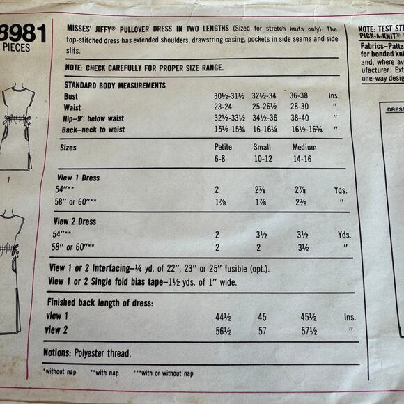 Simplicity 8981 Jiffy Dress Sewing Pattern Sz Small 10-12 Miss 1979 - Picture 3 of 5